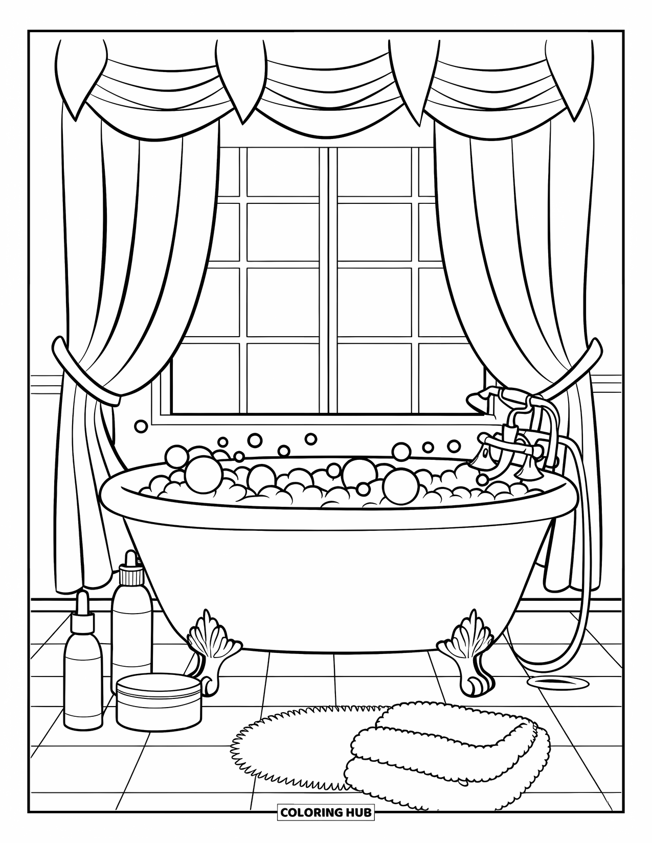 Skincare Coloring Page for Kids: A bubbly bathtub scene with skincare bottles and a soft towel nearby