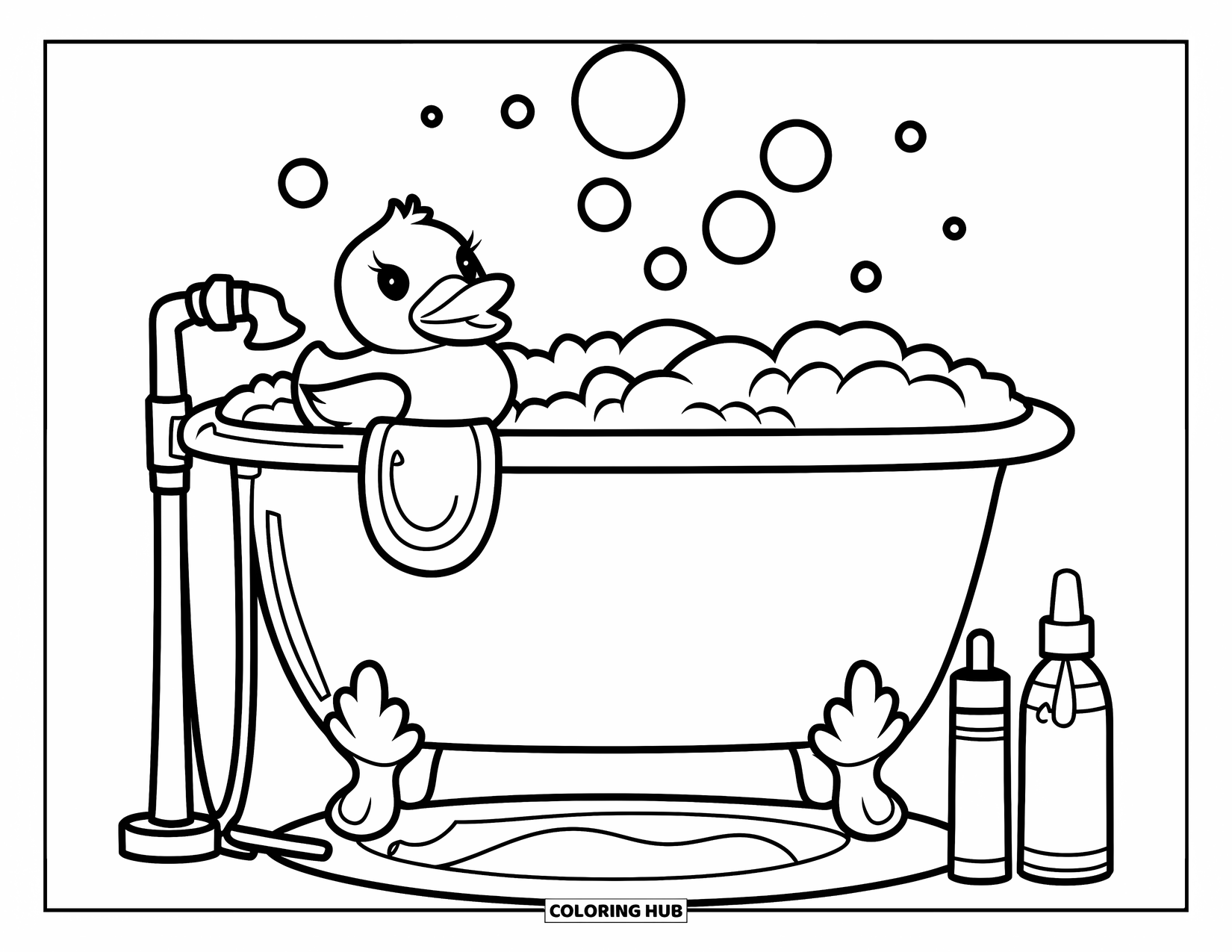 Skincare Coloring Page for Kids: A bubbly tub with a rubber duck and skincare bottles beside it