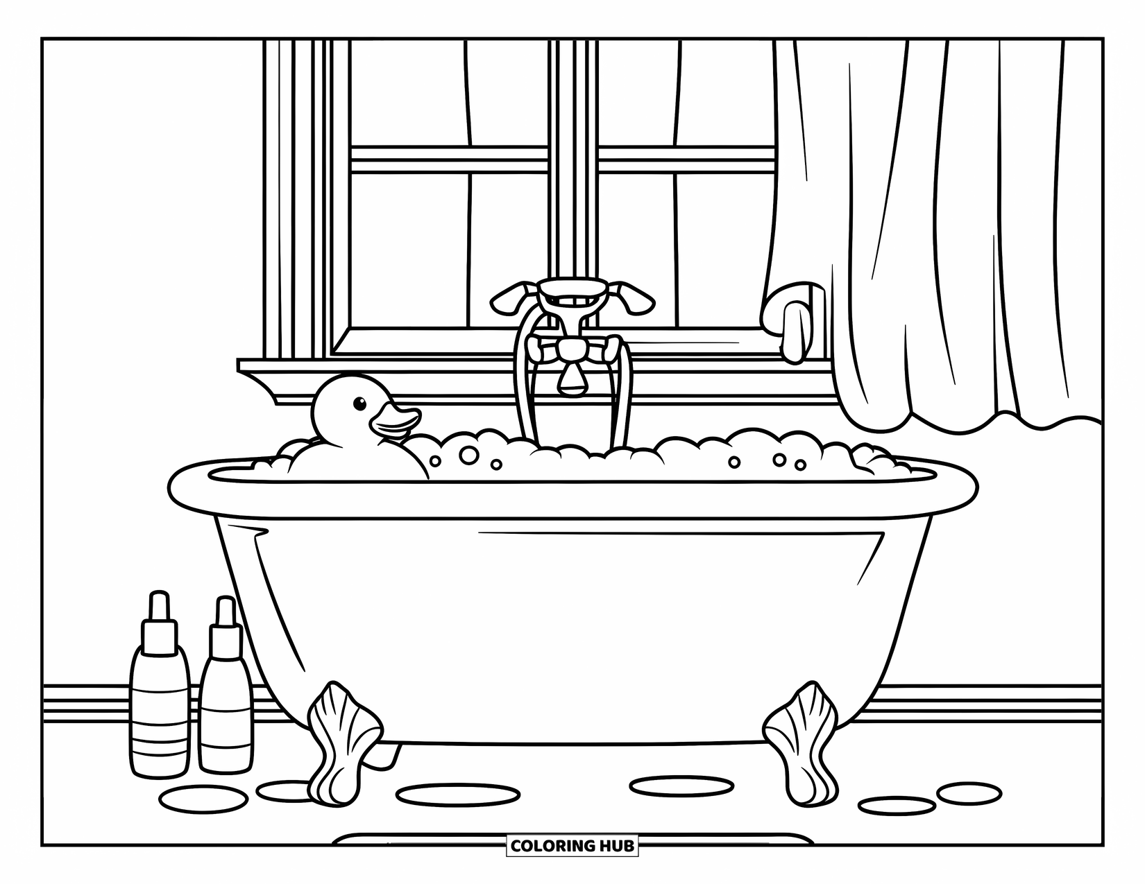Skincare Coloring Page for Kids: A cheerful tub scene with rubber duck, bottles, and a curtained window