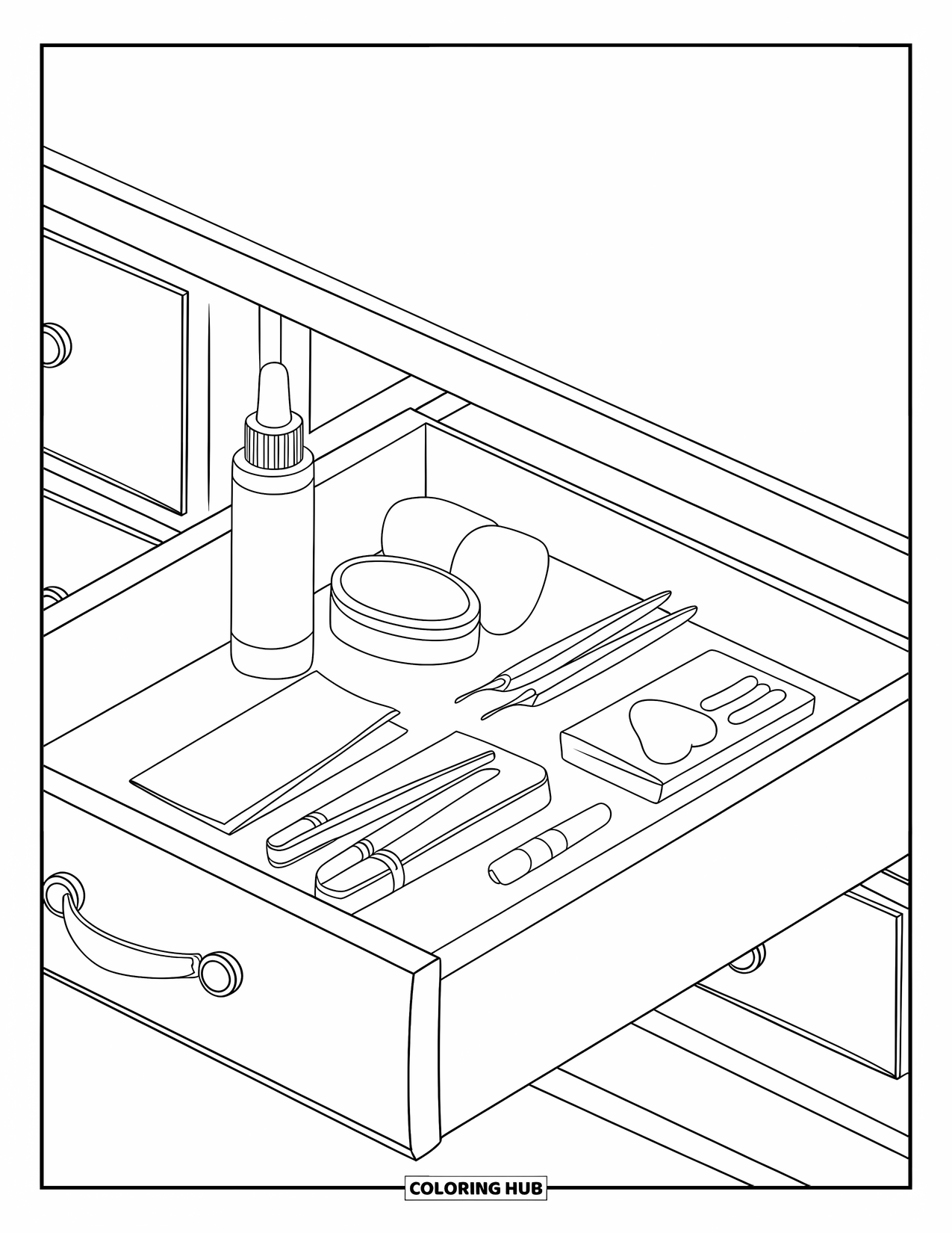 Skincare Coloring Page for Kids: A clean drawer with skincare, tweezers, and a small booklet on wood