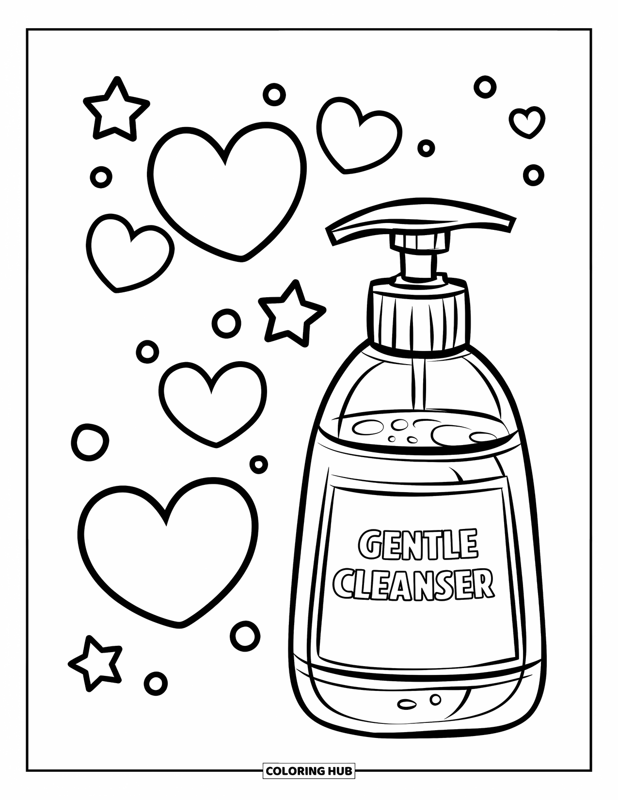 Skincare Coloring Page for Kids: A cleanser bottle floats with hearts, stars, and cheerful bubbles