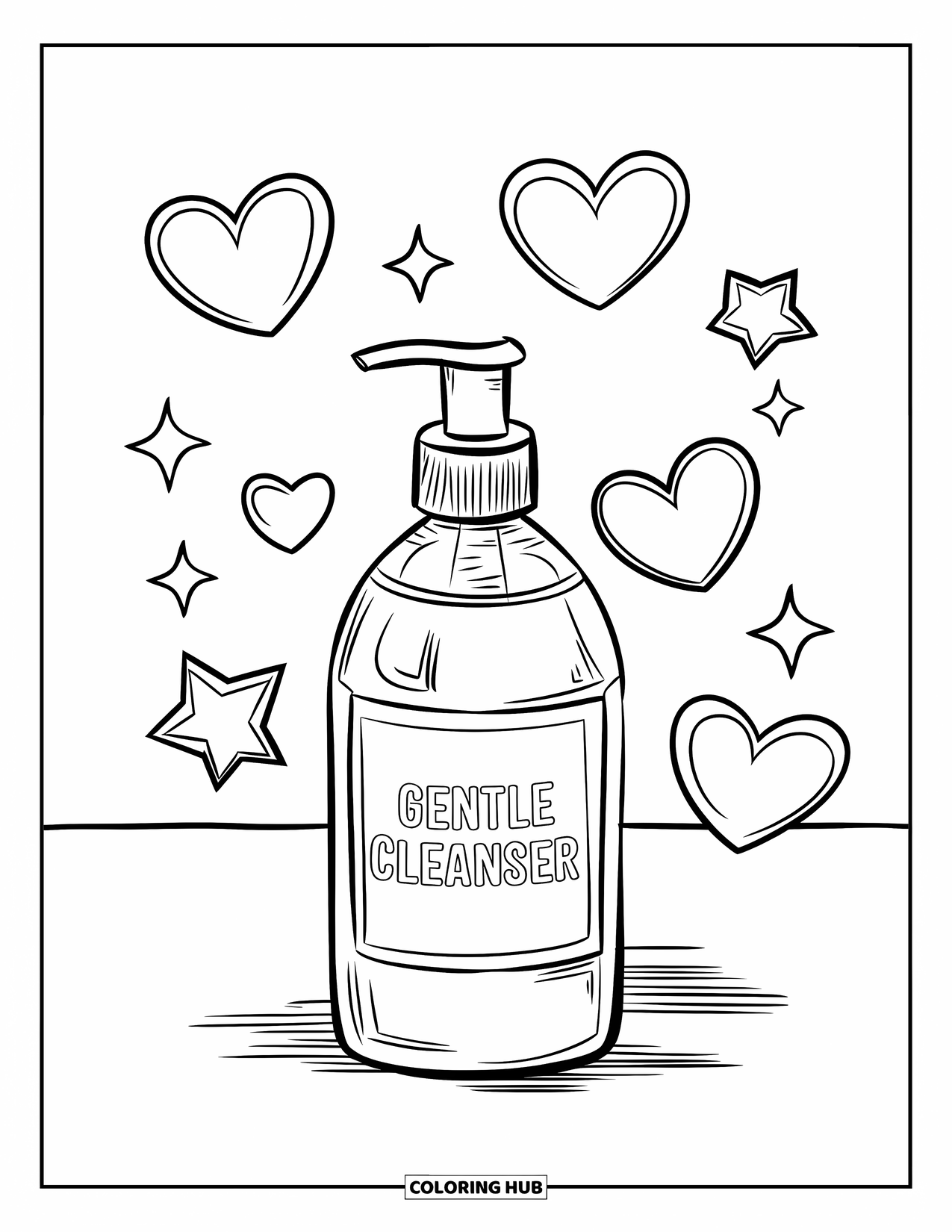 Skincare Coloring Page for Kids: A cleanser bottle surrounded by floating stars and hearts on a clean background