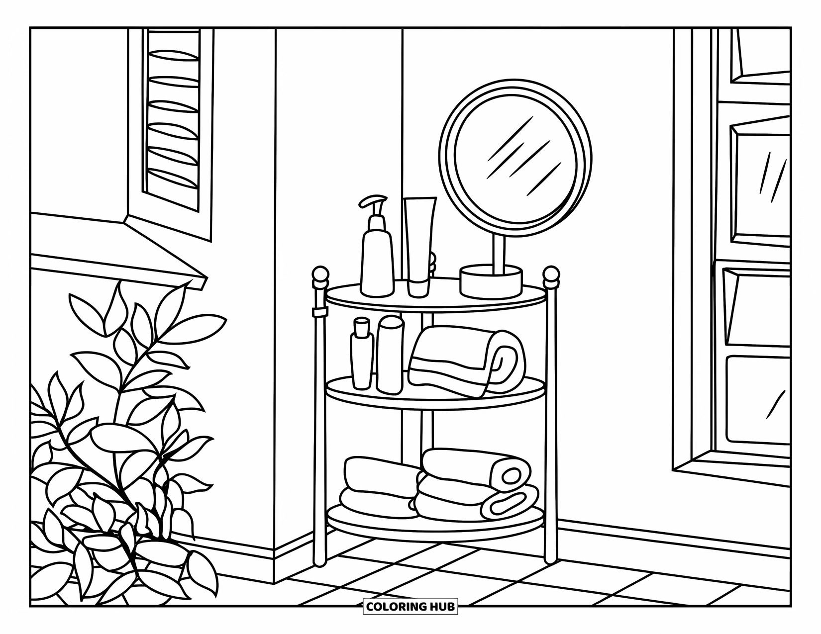 Skincare Coloring Page for Kids: A corner shelf holds towels, products, and a mirror beside a cozy window