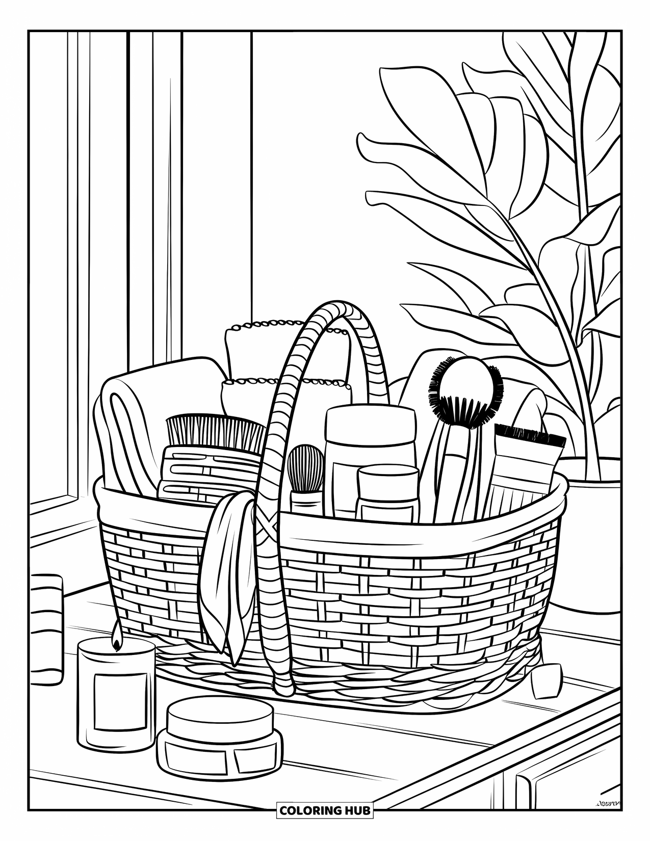 Skincare Coloring Page for Kids: A cozy basket with towels, jars, and extras like soap and a candle nearby