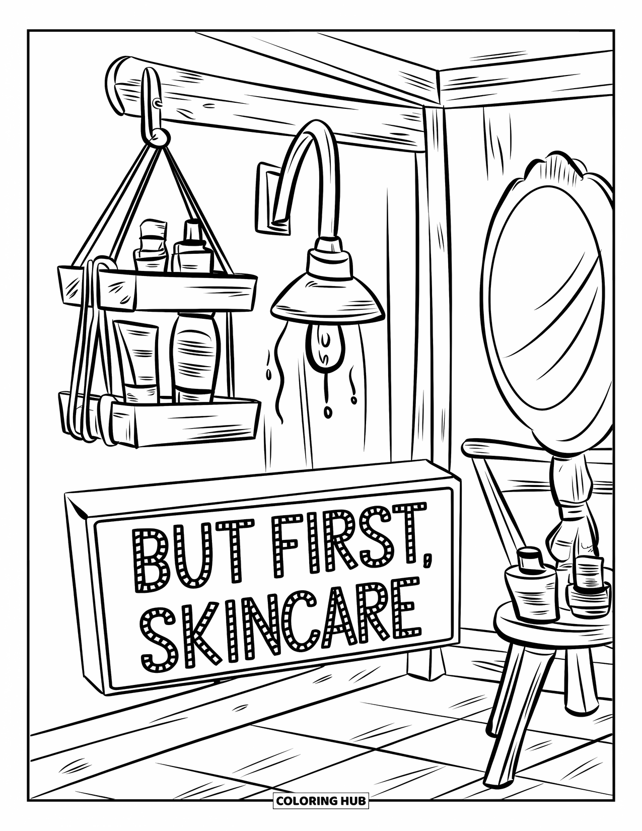 Skincare Coloring Page for Kids: A cozy shelf with skincare, a vintage lamp, and a glowing LED sign