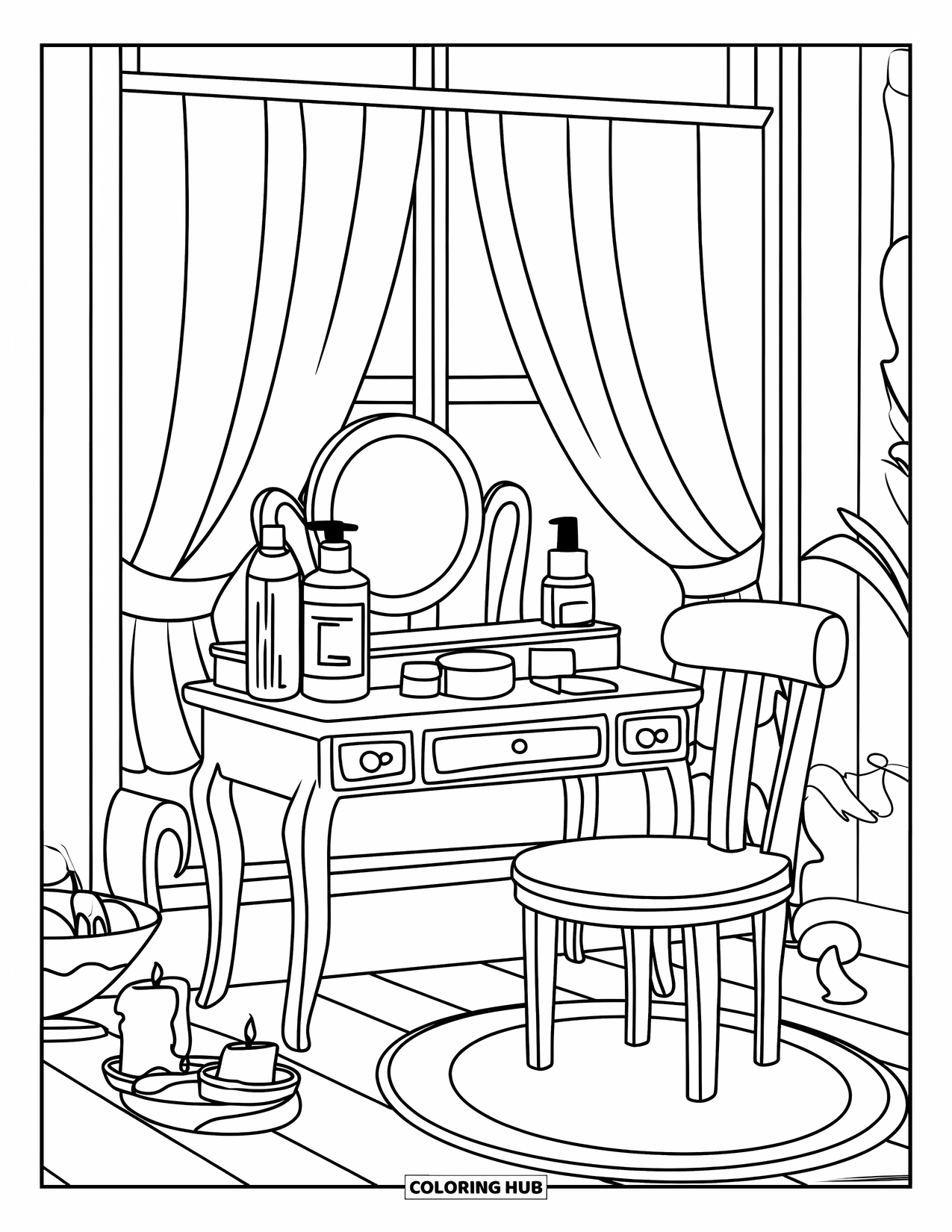 Skincare Coloring Page for Kids: A cozy vanity by the window with bottles, a candle, and soft decor