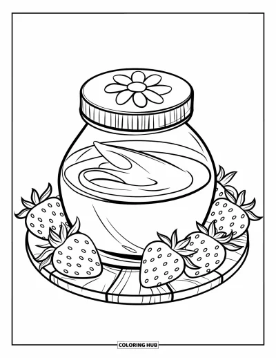 Coloriage de soins de la peau pour enfants : Un pot de crème avec un couvercle fleuri entouré de fraises sur une planche en bois