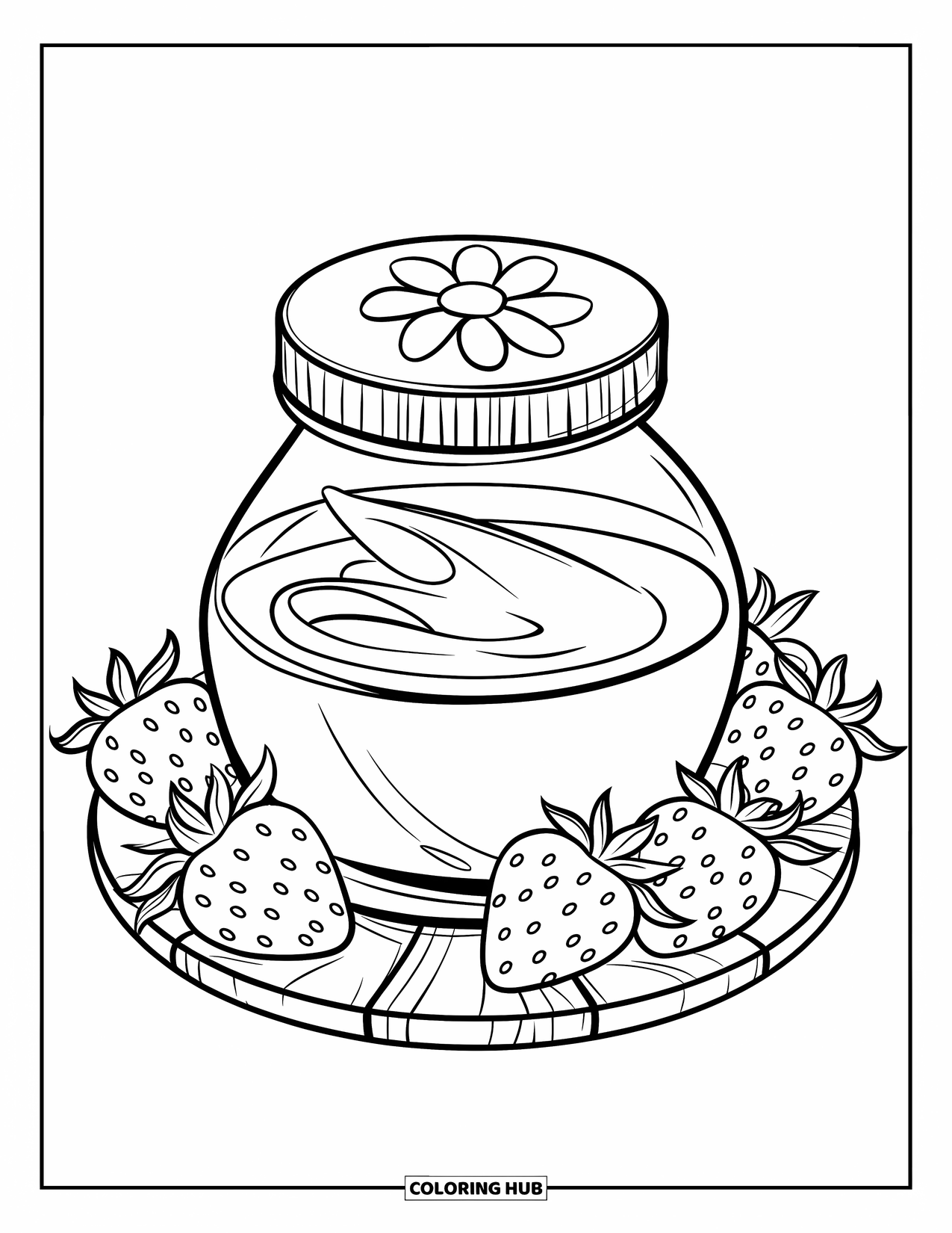 Skincare Coloring Page for Kids: A cream jar with a flower lid is surrounded by strawberries on a wooden board