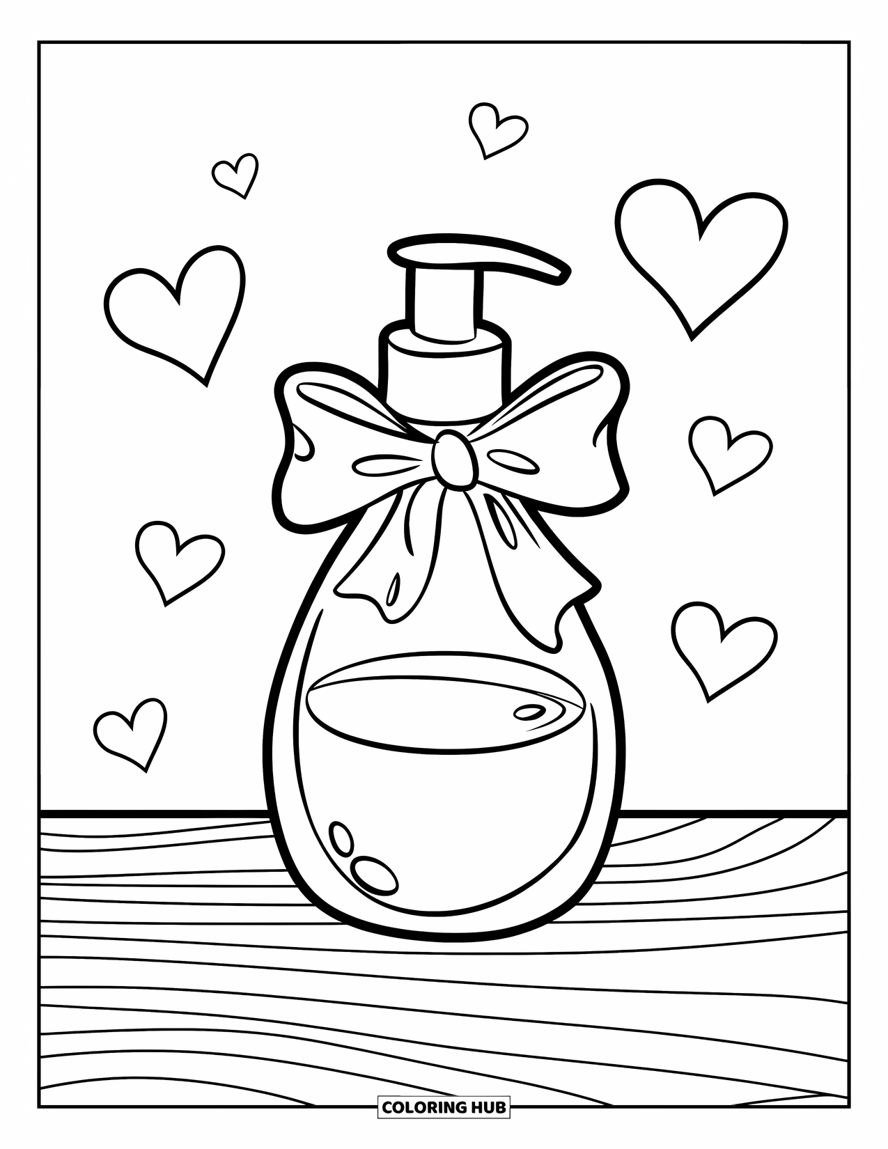 Skincare Coloring Page for Kids: A cute lotion bottle with a bow sits peacefully on a wooden base