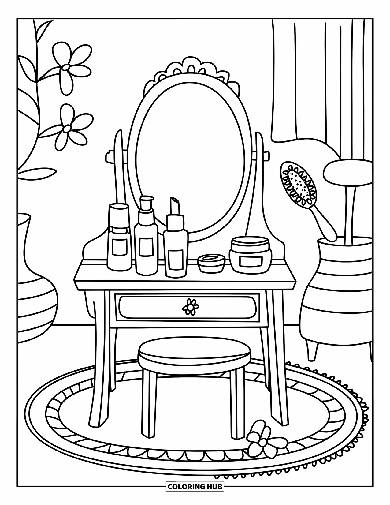 Skincare Coloring Page for Kids: A cute vanity table with a mirror, brush, and skincare bottles on a rug
