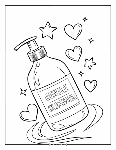 Coloriage Soin de la peau pour enfants : Un flacon de nettoyant flottant entouré de cœurs et d'étoiles