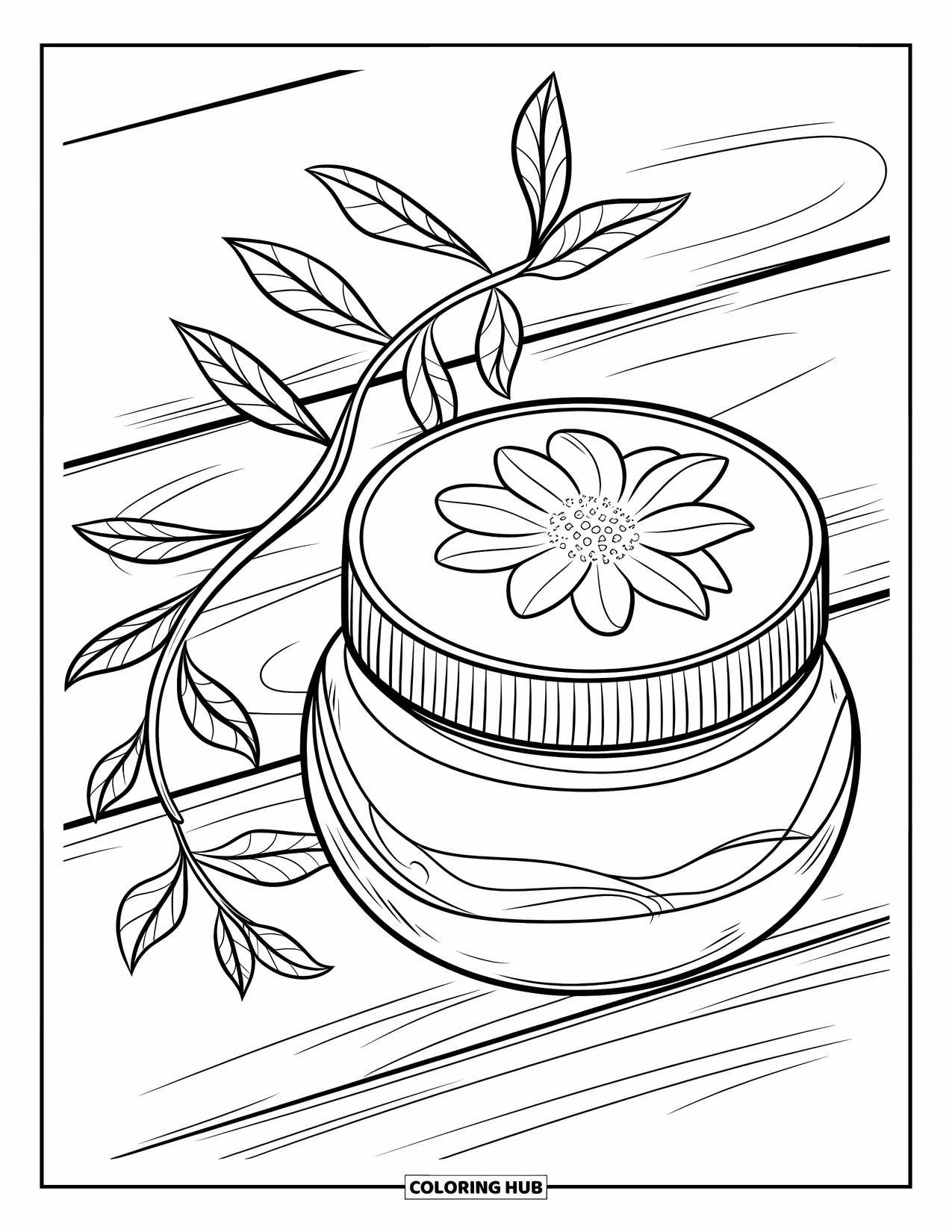 Skincare Coloring Page for Kids: A flower-topped cream jar rests with leaves and a stem on wood