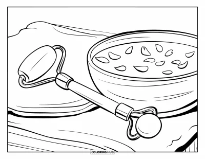 Coloriage Soin de la peau pour enfants : Un rouleau doux et un bol d'eau avec des pétales reposent sur un support en bois