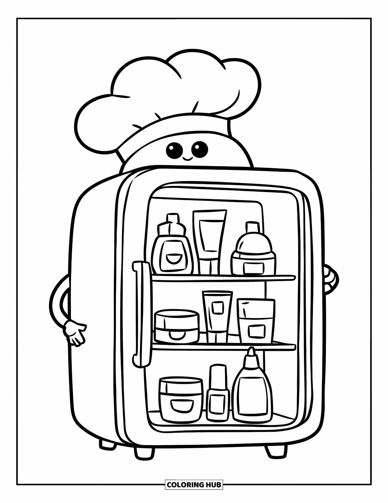 Skincare Coloring Page for Kids: A happy fridge with skincare bottles arranged in a fun circle