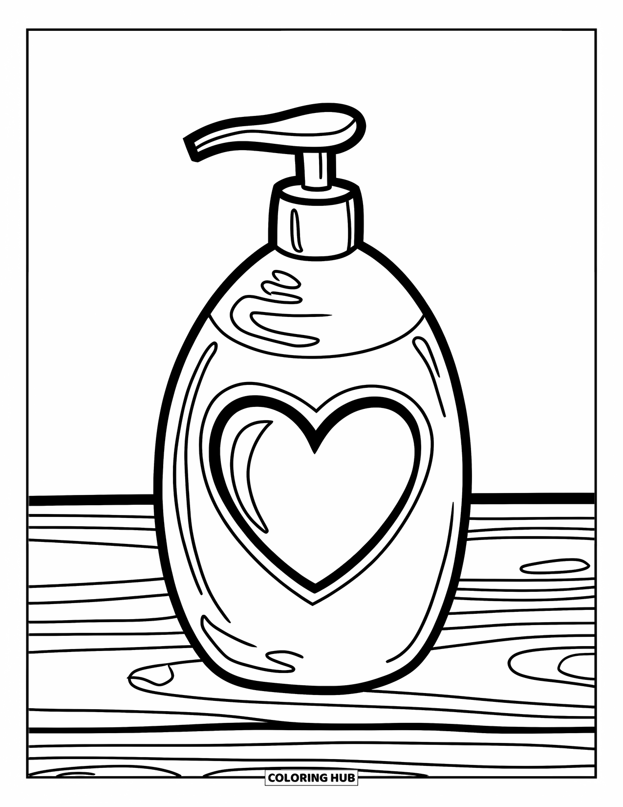 Skincare Coloring Page for Kids: A heart-labeled lotion pump sits neatly on a wooden surface
