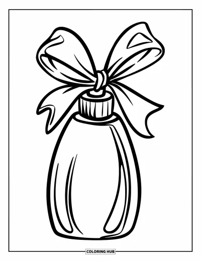 Coloriage Soin de la peau pour enfants : Un flacon de lotion avec un nœud et des lignes audacieuses sur un fond blanc uni
