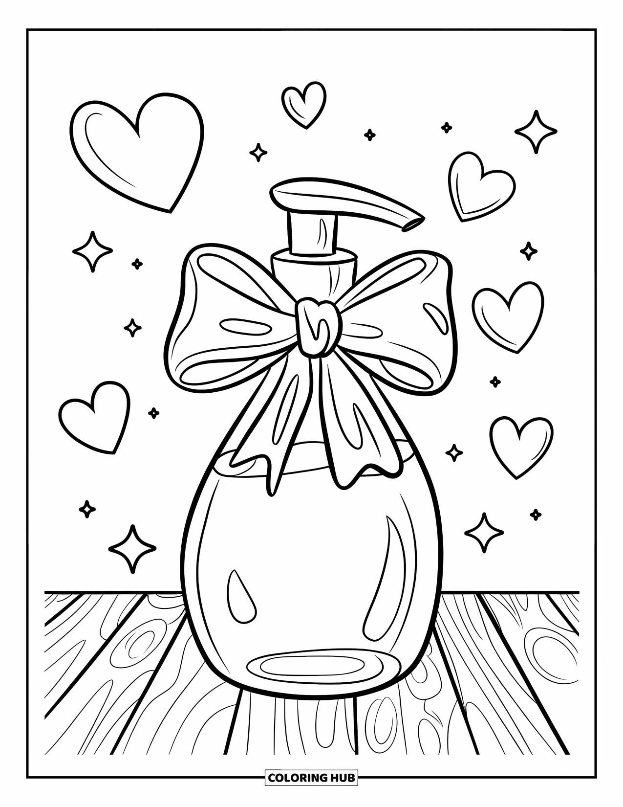 Skincare Coloring Page for Kids: A lotion bottle with a bow stands among floating hearts and stars