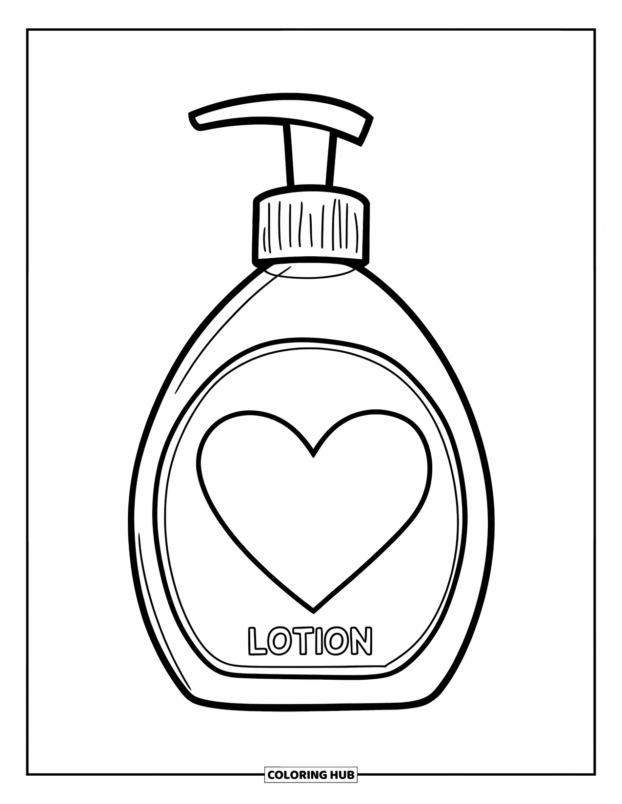 Skincare Coloring Page for Kids: A lotion bottle with a heart label stands on a plain white background