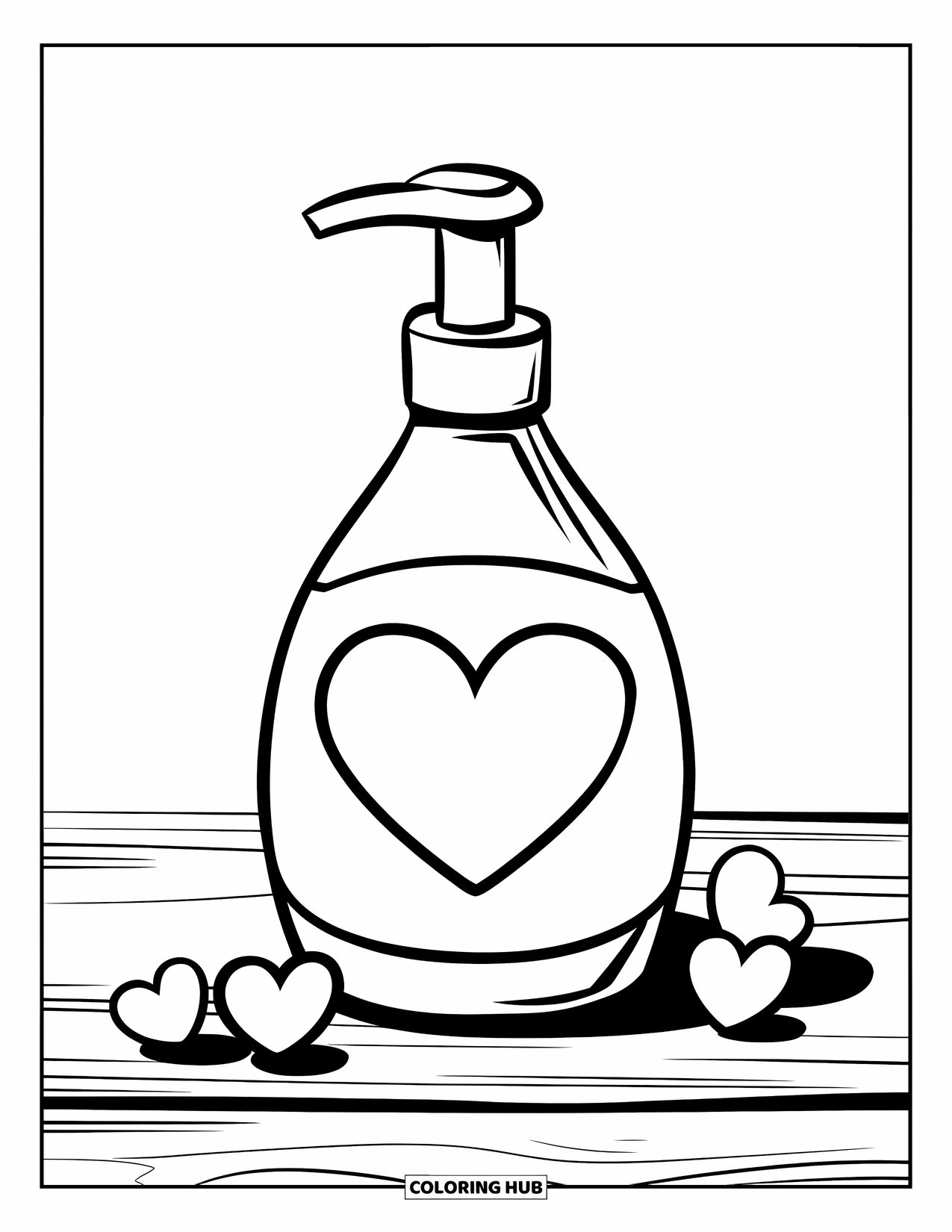Skincare Coloring Page for Kids: A lotion bottle with hearts sits on wood in a calm, simple scene