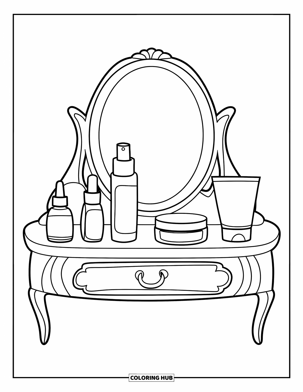 Skincare Coloring Page for Kids: A mini vanity table with bottles of toner, lotion, and cream