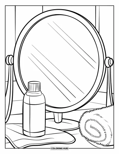Coloriage Soin de la peau pour enfants : Un miroir avec du tonique et une serviette douce est posé sur un tissu blanc propre