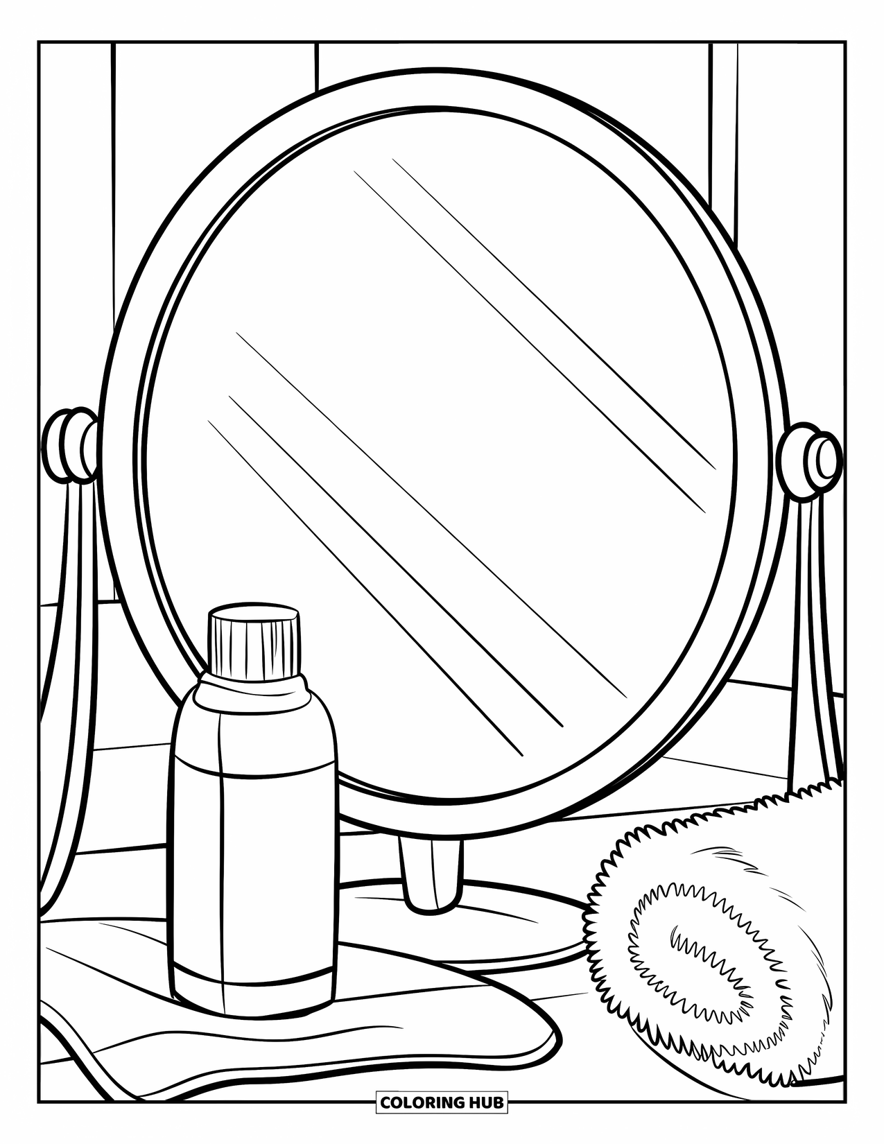 Skincare Coloring Page for Kids: A mirror with toner and a soft towel sits on a clean, white cloth