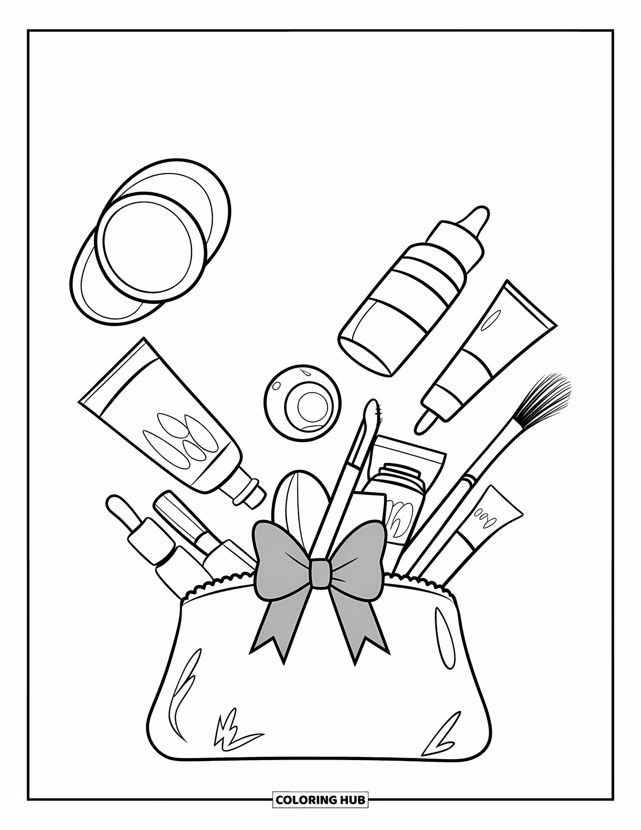 Skincare Coloring Page for Kids: A pouch with a pink bow spills creams and masks onto a clean surface