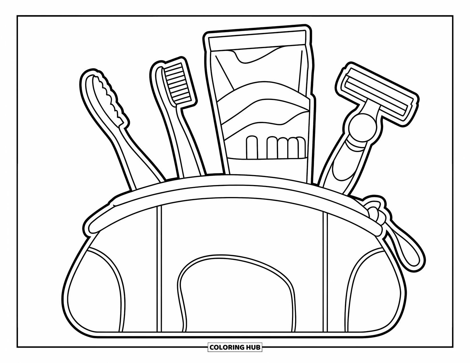 Skincare Coloring Page for Kids: A pouch with basic tools like toothpaste and razor in a simple setup