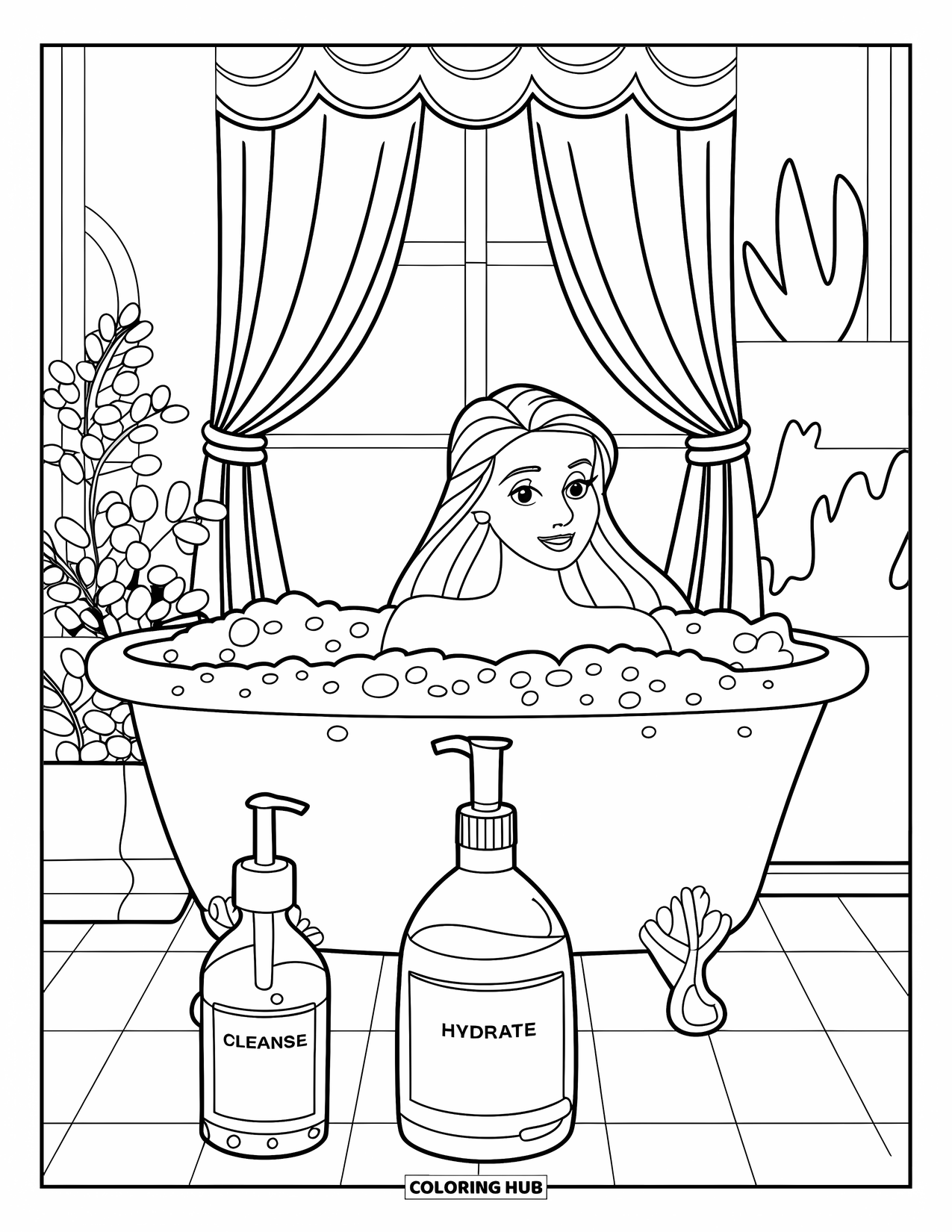 Skincare Coloring Page for Kids: A princess enjoys a bubble bath with bottles labeled Cleanse, Hydrate, and Glow