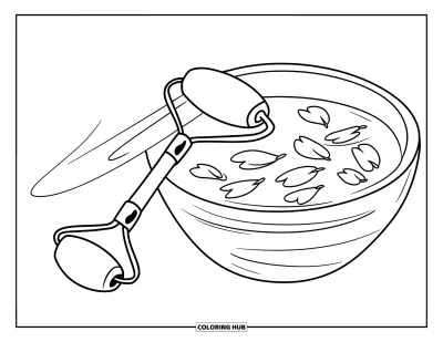 Coloriage Soin de la peau pour enfants : Une scène simple de rouleau et de bol de pétales avec des contours nets et audacieux