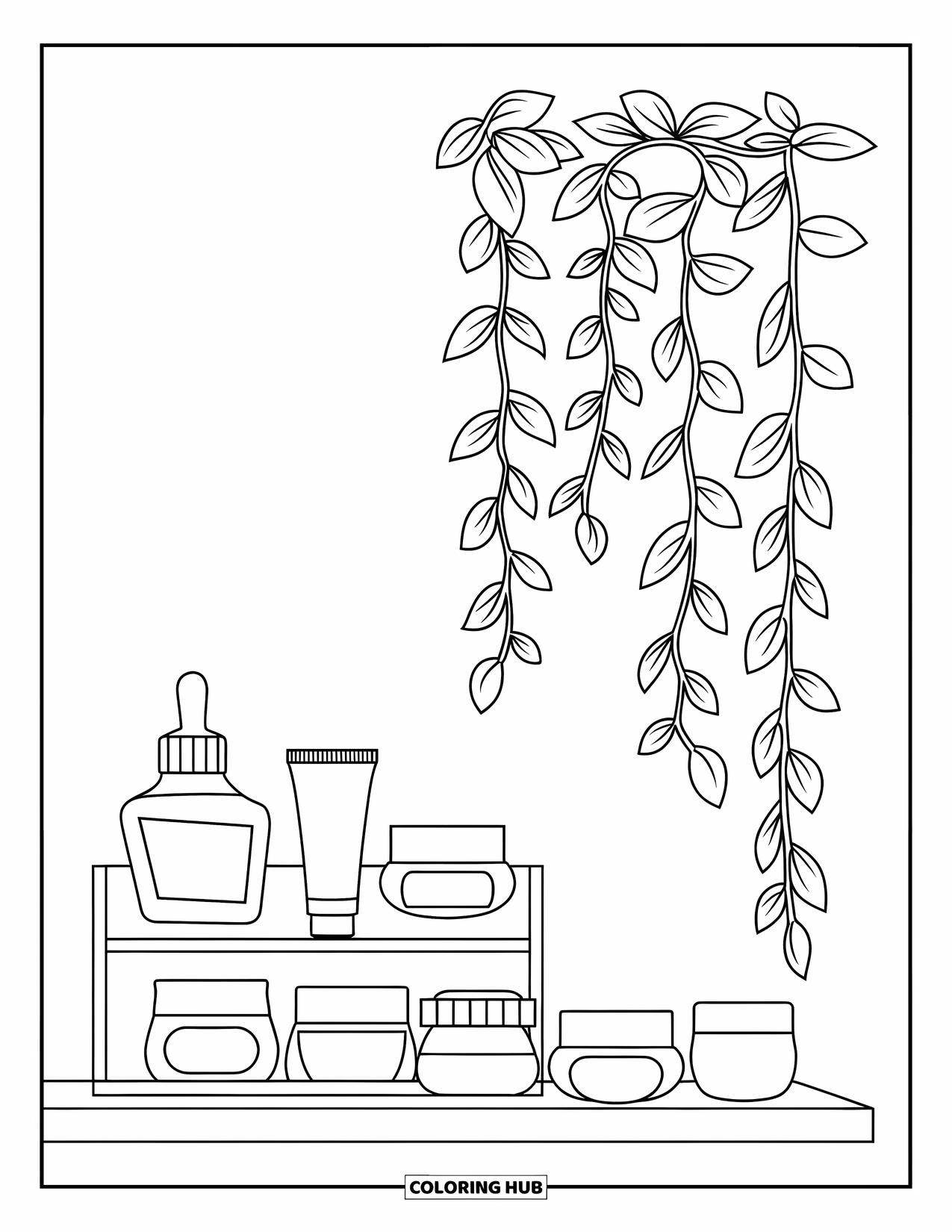 Skincare Coloring Page for Kids: A simple skincare shelf with vines and clean jars and tubes