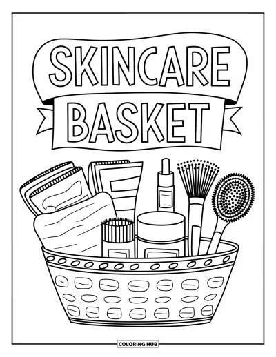 Coloriage Soin de la peau pour enfants : Un panier de soins de la peau avec des serviettes et des brosses est posé sous une bannière "Panier de soins de la peau"