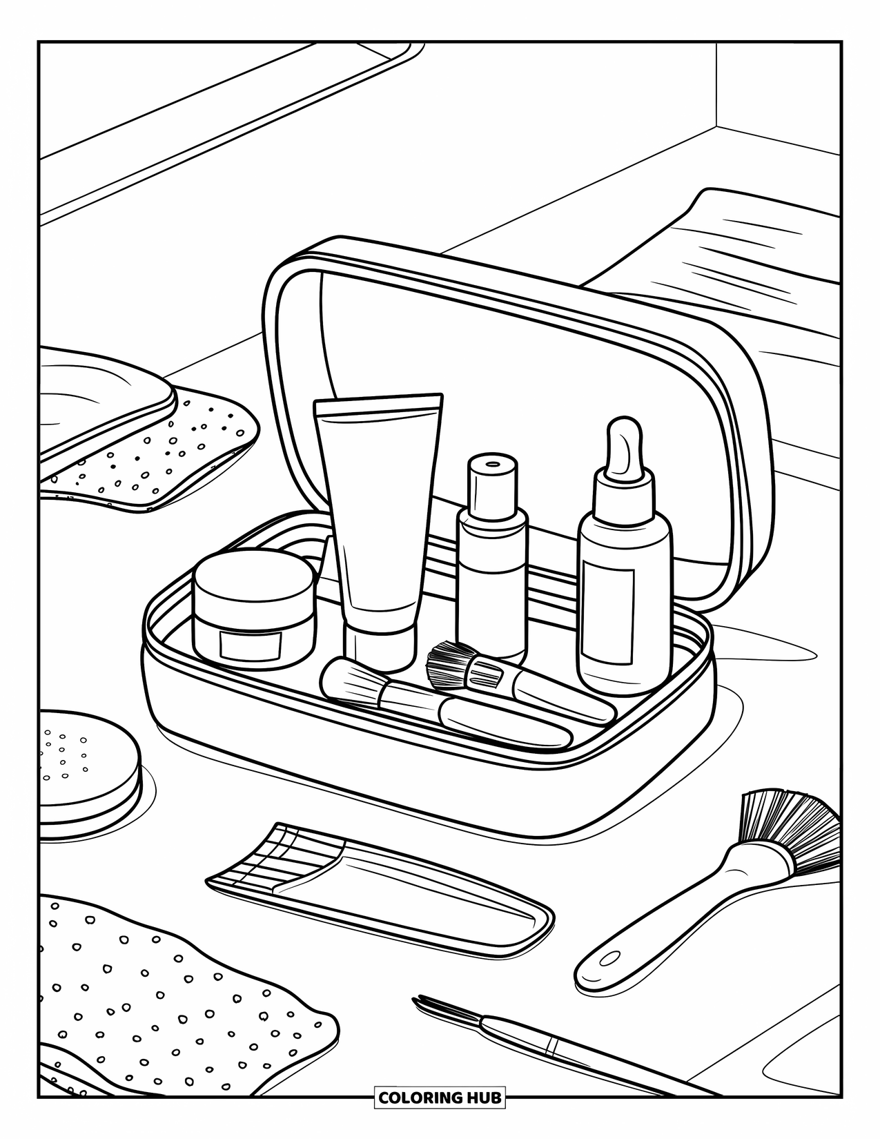 Skincare Coloring Page for Kids: A skincare kit with scattered tools sits neatly on a white surface