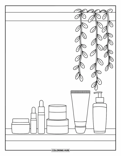 Coloriage de soins de la peau pour enfants : Une étagère de soins avec des produits bien rangés et une plante grimpante délicate