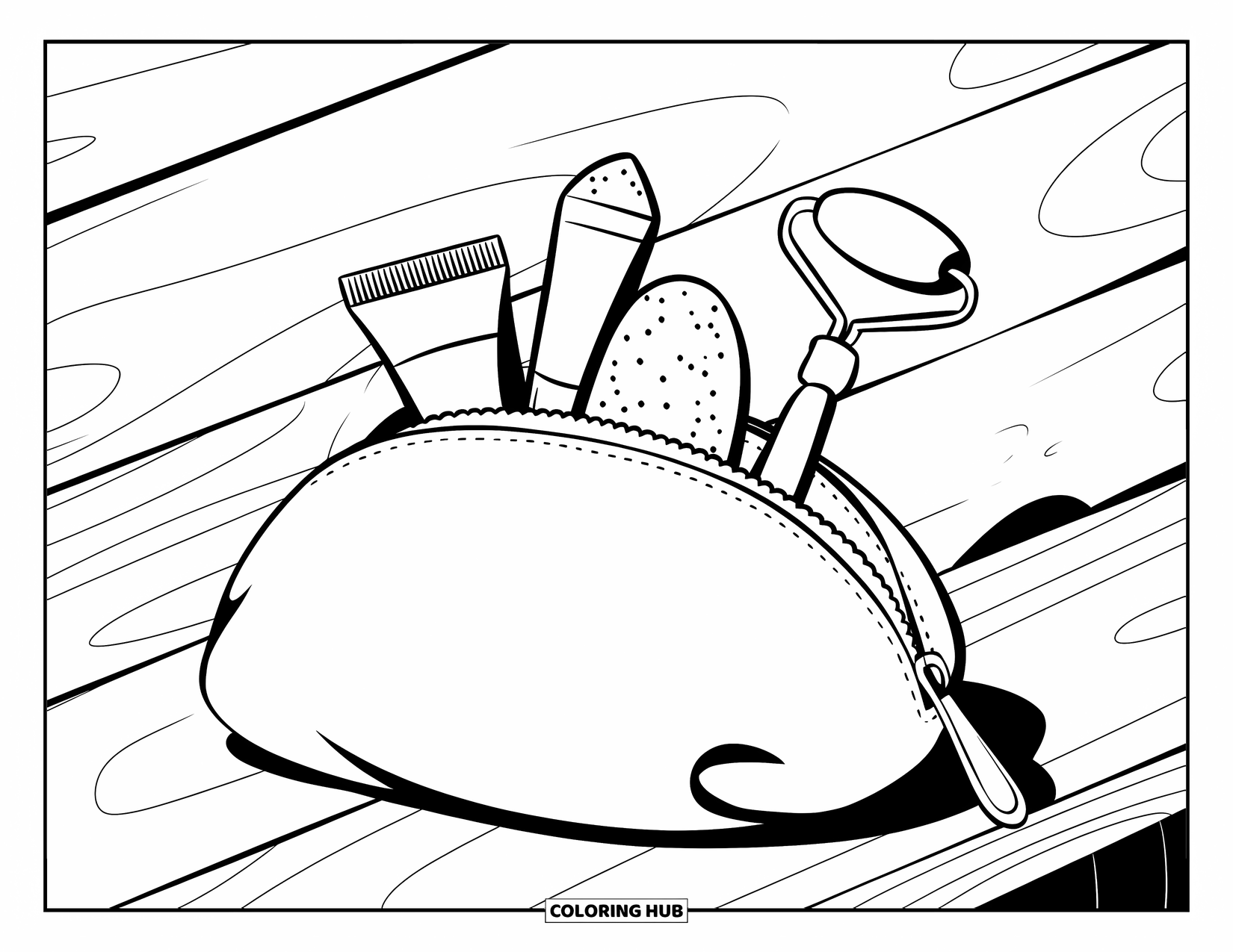 Skincare Coloring Page for Kids: A soft pouch lies open with skincare tools on a wooden surface