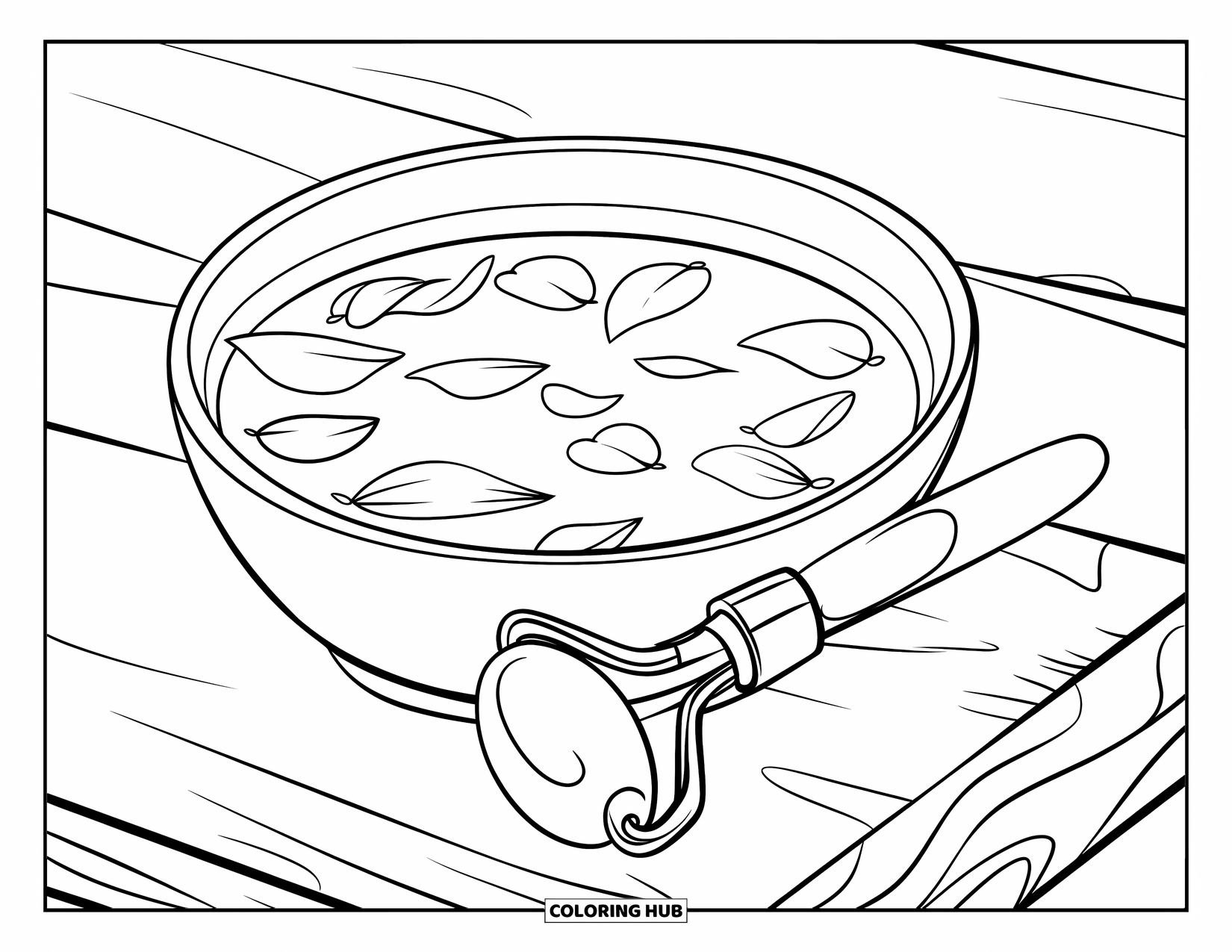 Skincare Coloring Page for Kids: A soft roller and bowl with petals sit calmly on a clean wooden surface