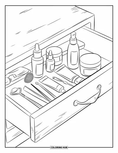 Coloriage Soin de la peau pour enfants : Un tiroir bien rangé avec des flacons, des pinceaux et un rouleau facial sur une texture en bois