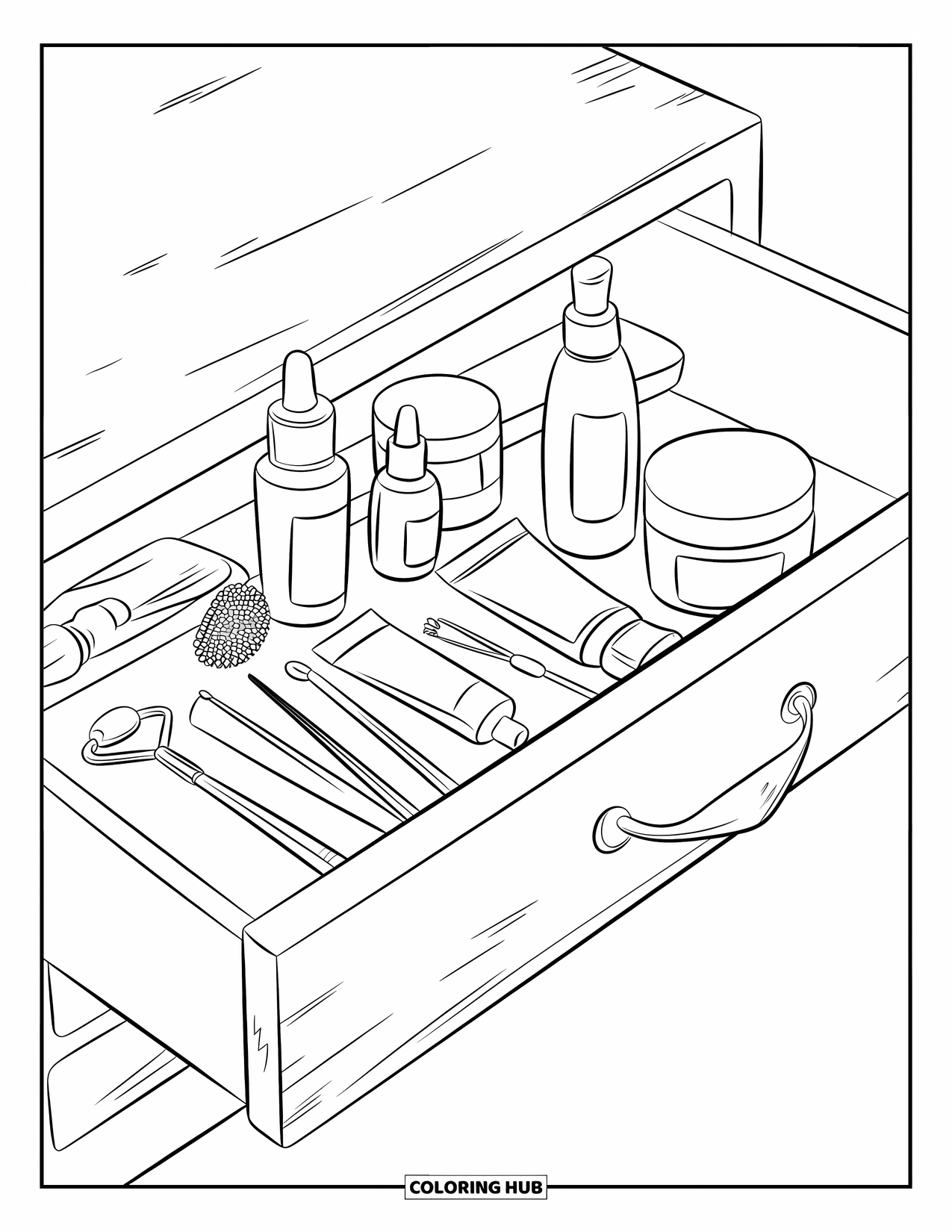 Skincare Coloring Page for Kids: A tidy drawer with bottles, brushes, and a facial roller on wooden texture