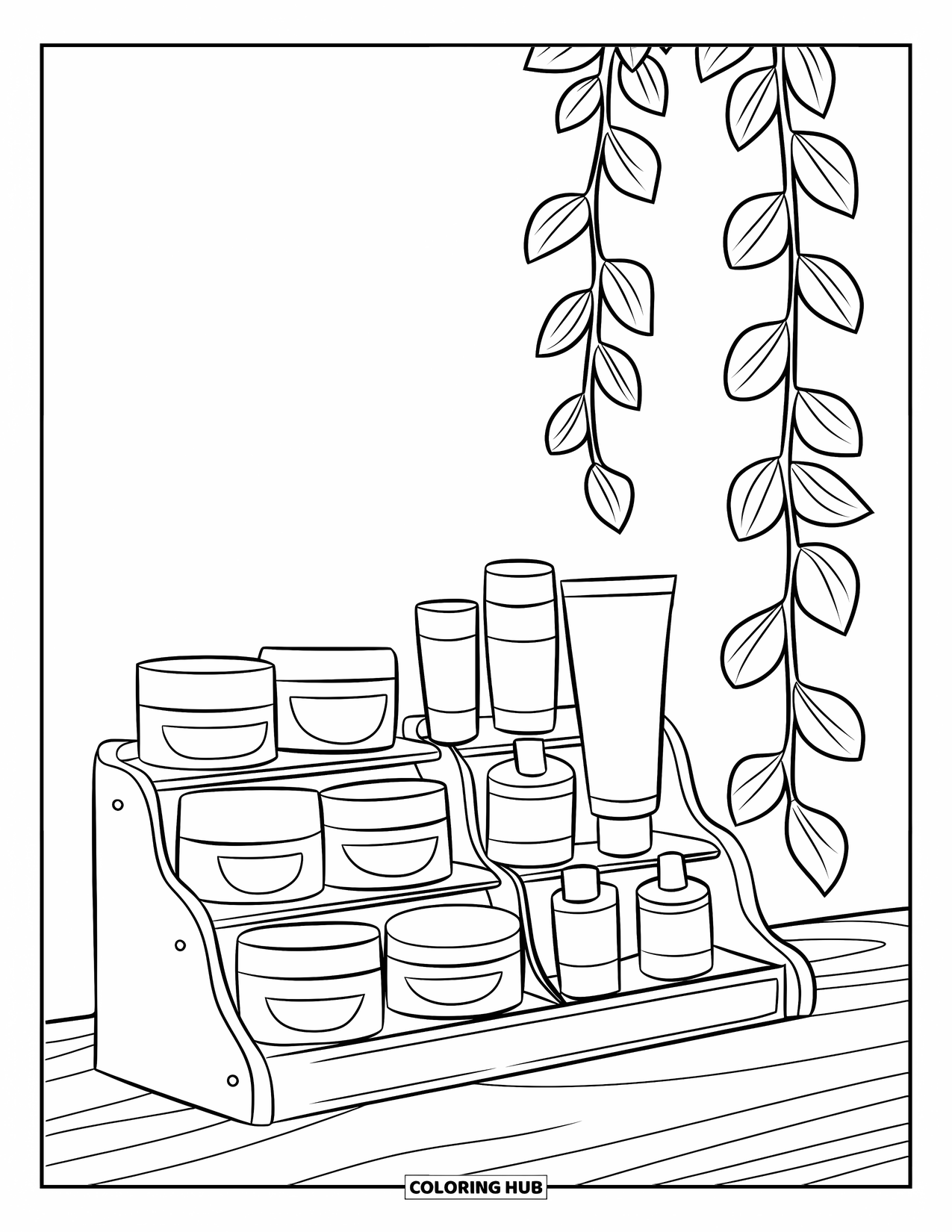 Skincare Coloring Page for Kids: A tidy skincare shelf with jars, tubes, and a hanging vine beside it