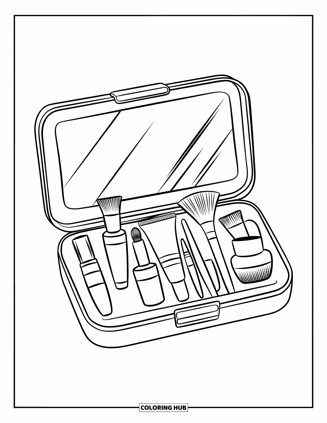 Skincare Coloring Page for Kids: A travel kit with bottles, brushes, and a mirror on a clean white background