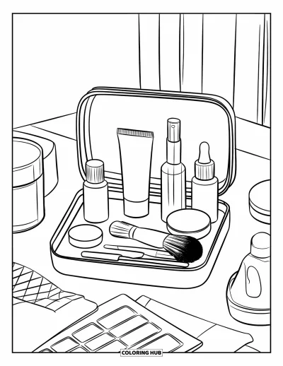 Coloriage Soin de la peau pour enfants : Une trousse de voyage avec des mini articles de soins de la peau dessinés dans des croquis simples et propres