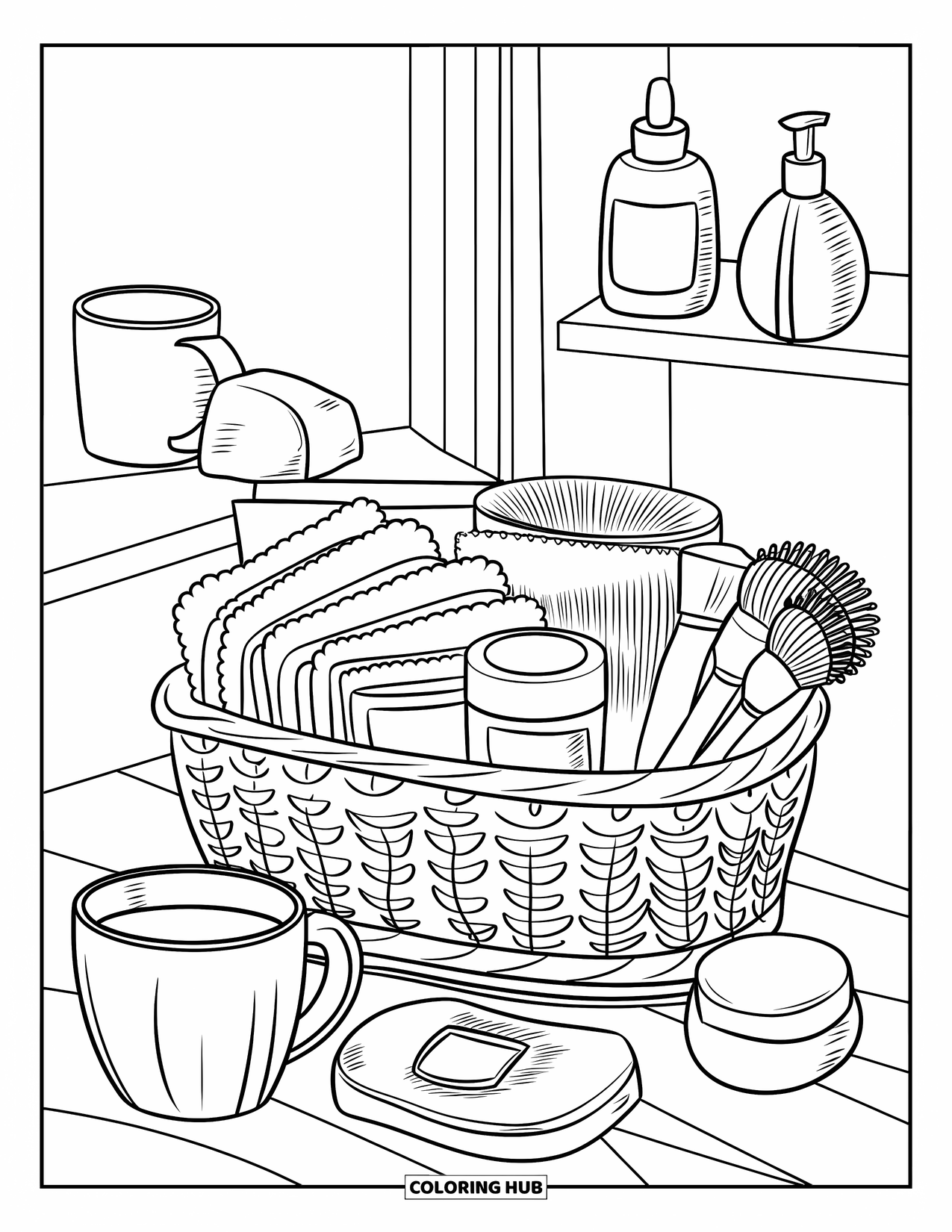 Skincare Coloring Page for Kids: A vintage-feel basket scene with folded towels, jars, and a nearby shelf