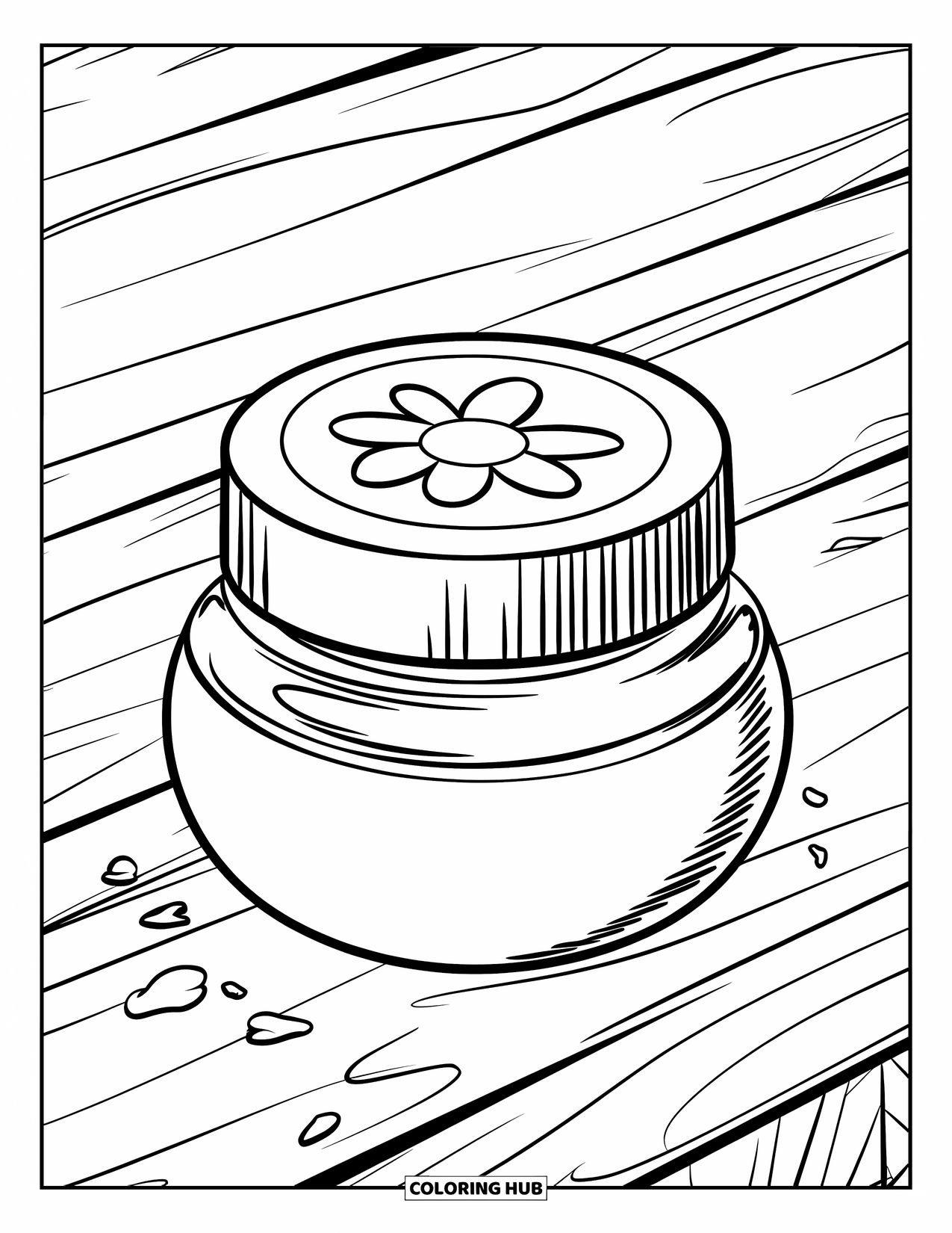 Skincare Coloring Page for Kids: A wide cream jar with a flower lid sits on a simple wooden surface
