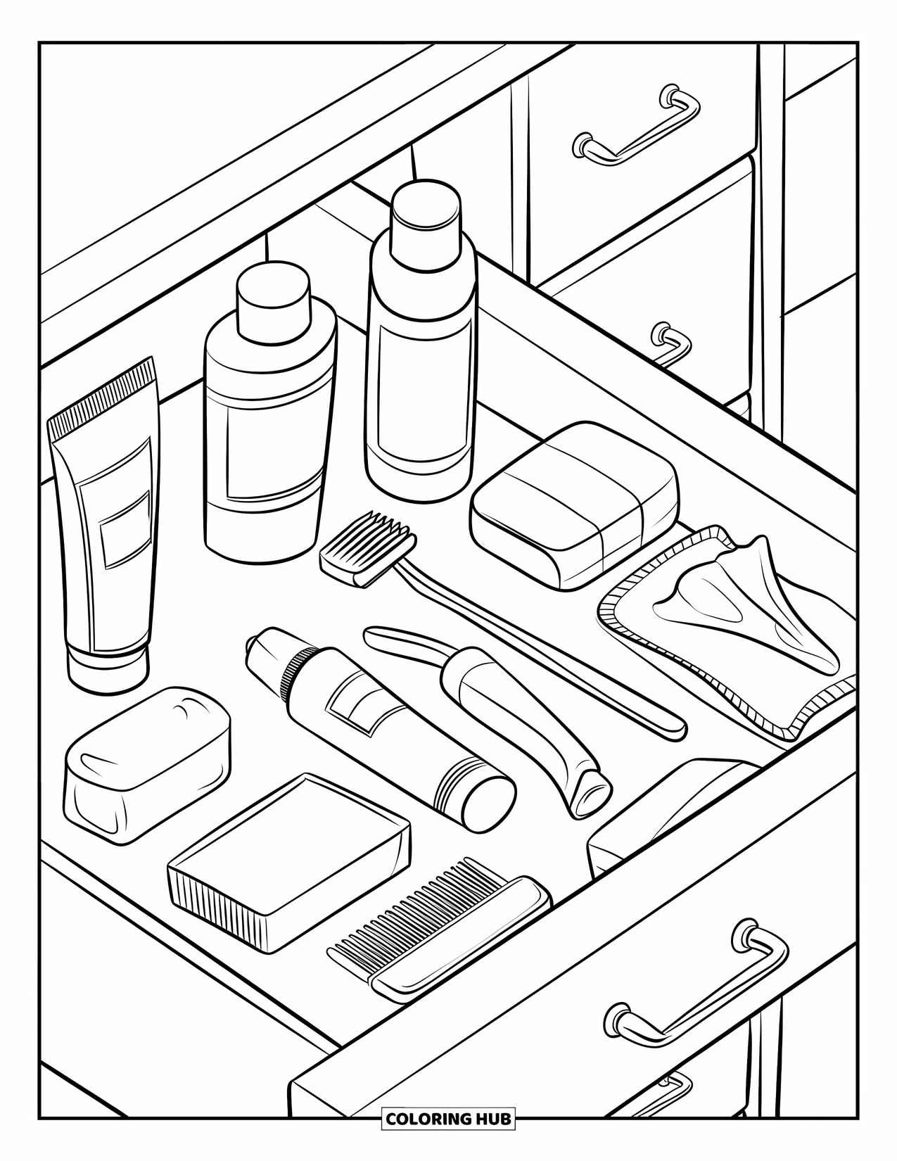 Skincare Coloring Page for Kids: An open drawer filled with skincare, hygiene items, and grooming tools