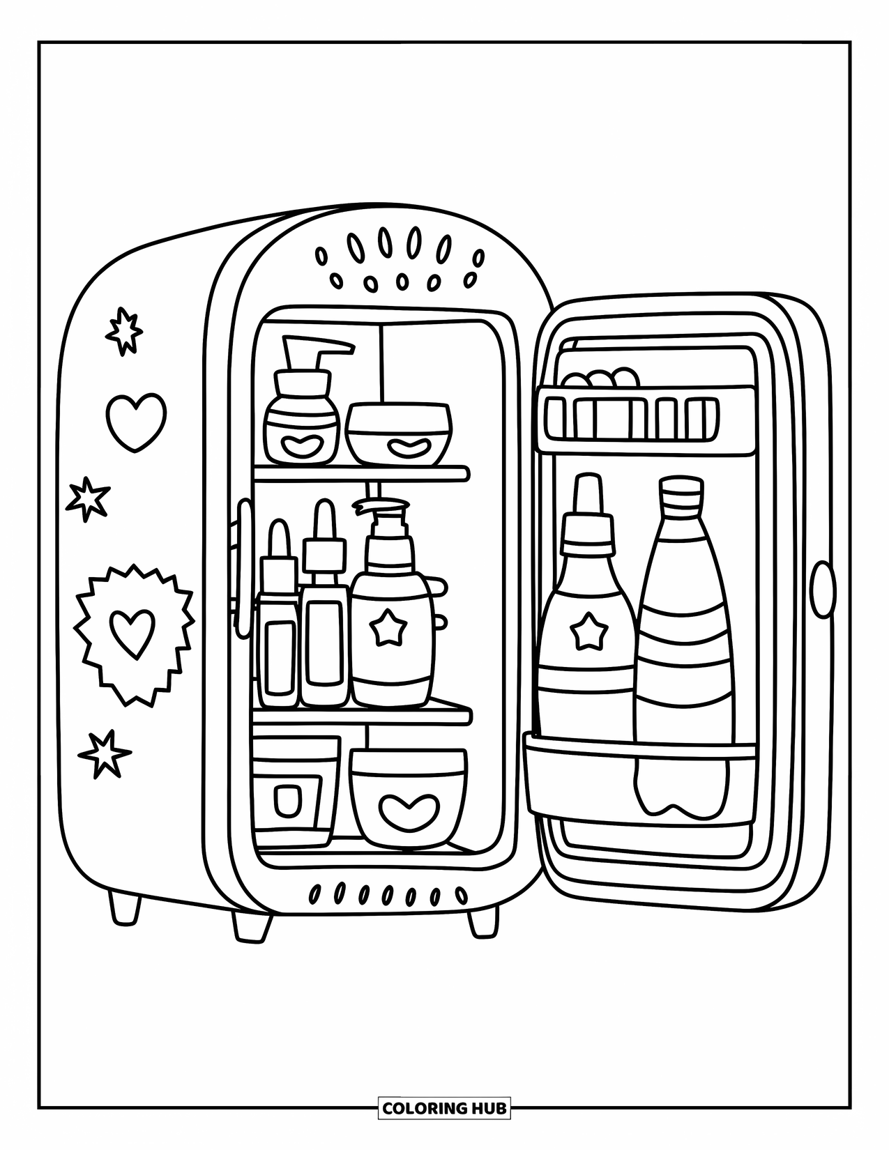 Skincare Coloring Page for Kids: An open fridge holds skincare, drinks, and stickers with a cute plant above