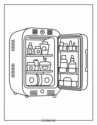 Coloriage Soin de la peau pour enfants : Un réfrigérateur de soins de la peau ouvert contient des sérums, des boissons et une petite plante en pot