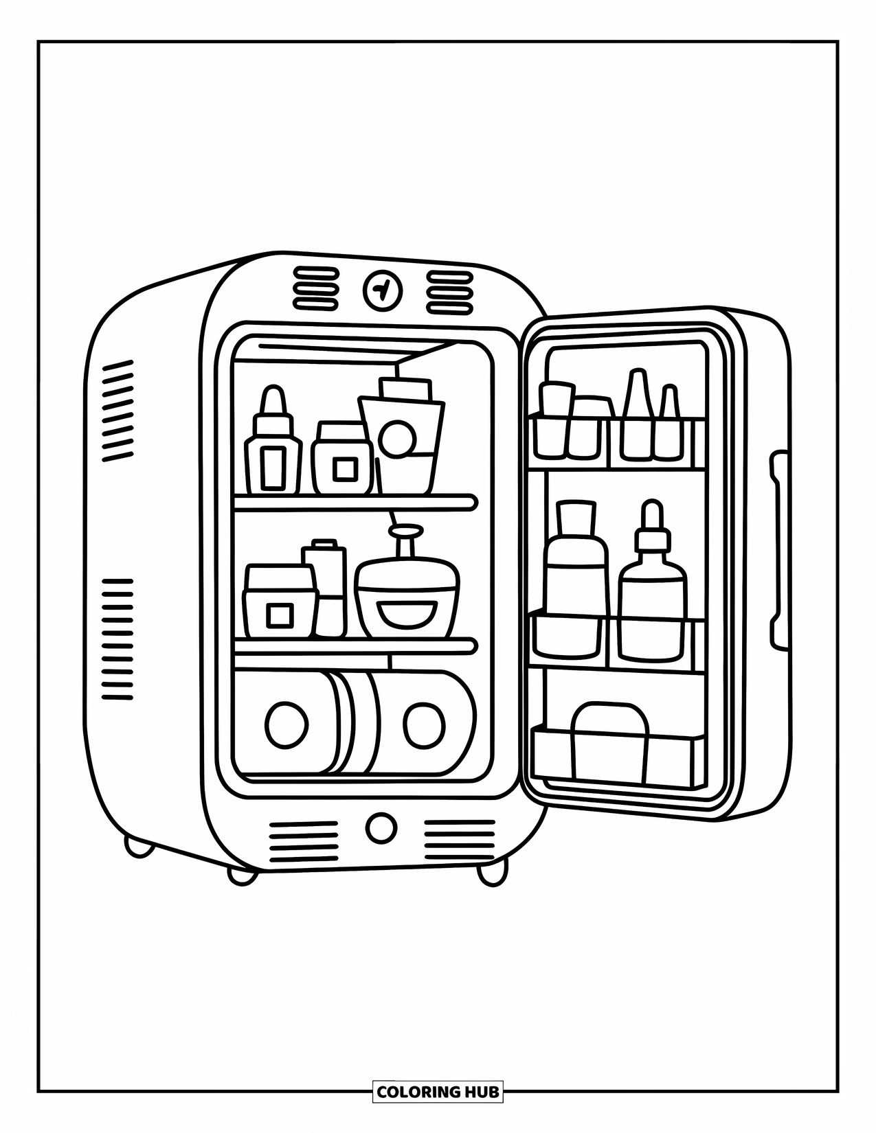 Skincare Coloring Page for Kids: An open skincare fridge holds serums, drinks, and a tiny potted plant