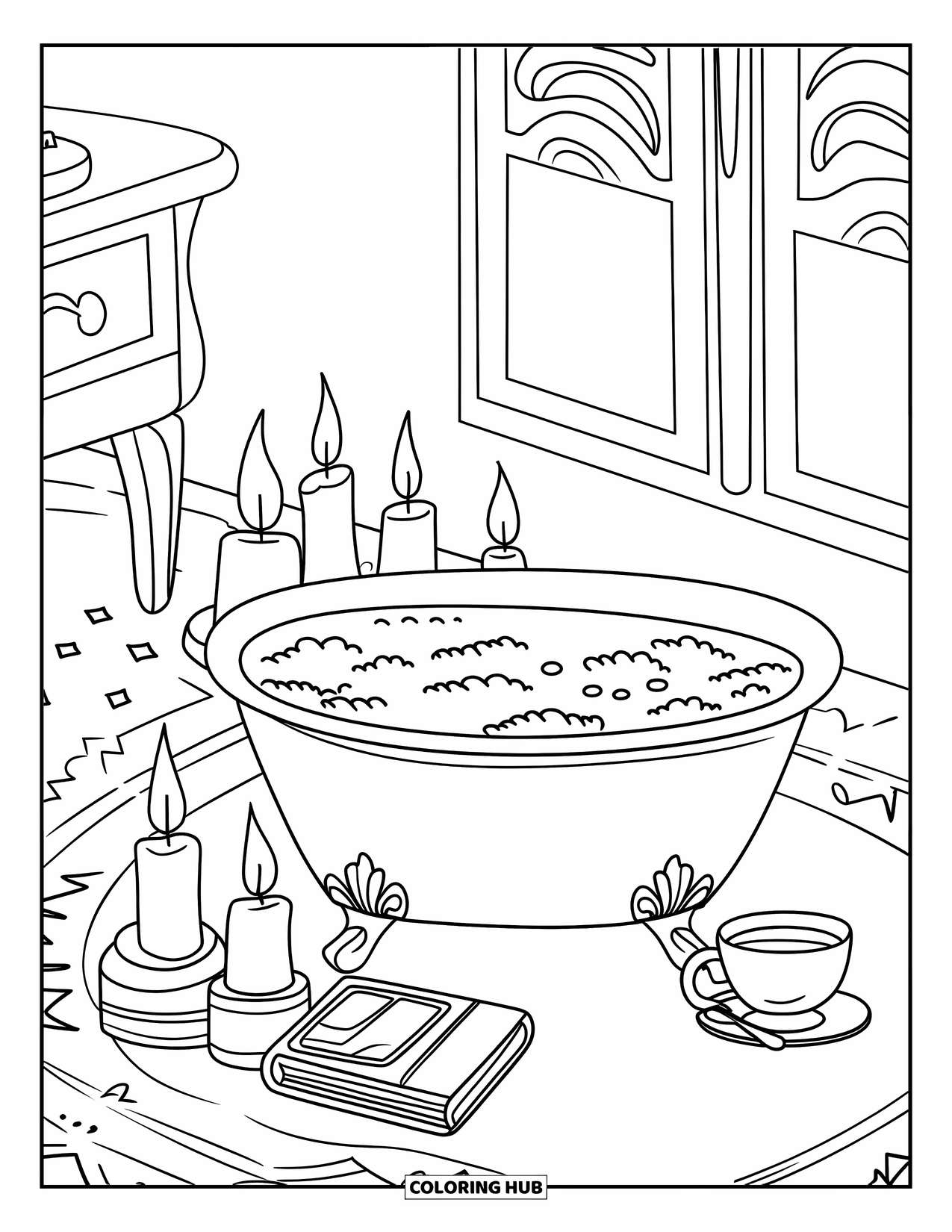 Skincare Coloring Page for Kids: Lit candles, a face mask tub, and tea set the scene for a nighttime ritual