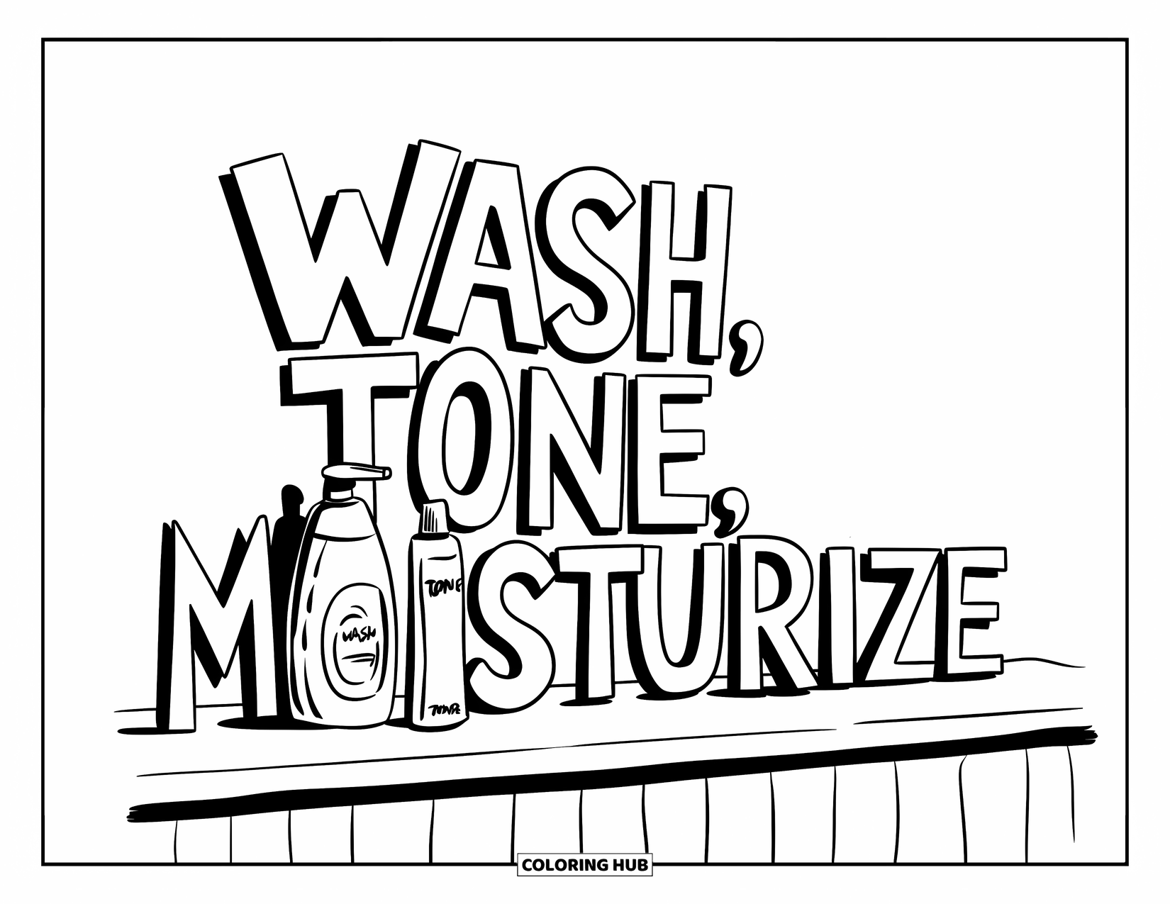 Skincare Coloring Page for Kids: Three labeled skincare itemsówash, tone, and moisturizeósit in order on a counter