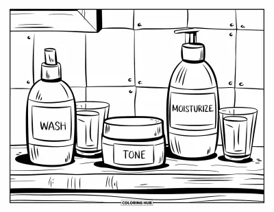 Coloriage Soin de la peau pour enfants : Trois flacons de soins de la peau clairement étiquetés pour chaque étape sont posés sur un comptoir en bois